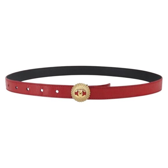 Authentic CHANEL Belt Leather 32.7 Red Gold CC bst336-112825
